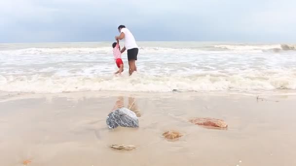 Gelukkige familie wandelen en spelen op het strand — Stockvideo