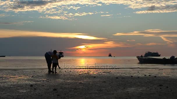 Ευτυχής πατέρας και γιος περπάτημα και παιχνίδι στη θάλασσα — Αρχείο Βίντεο