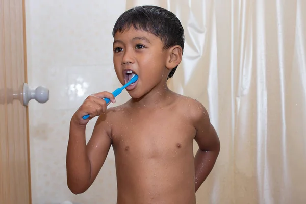 Lindo poco asiático chico cepillado dientes en cuarto de baño — Foto de Stock