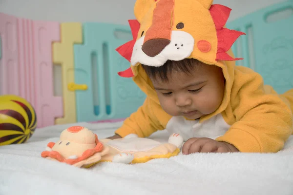 Lindo asiático bebé mintiendo y jugar león teddy — Foto de Stock
