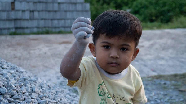 Cute Little Asian Little Boy Play Stone Pile — Stock Photo, Image