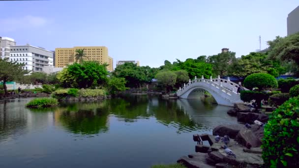 Schwenken links vom Nationaltheater und seine Reflexion über den Guanghua-Teich — Stockvideo