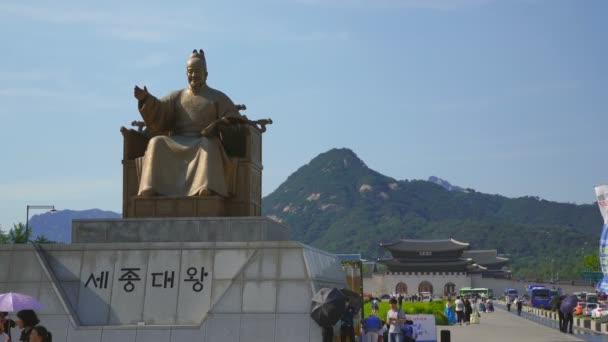 Schöner Sonnenuntergang Von Seoul Stadt Vor Ansicht Gyeongbokgung Palast Statue — Stockvideo