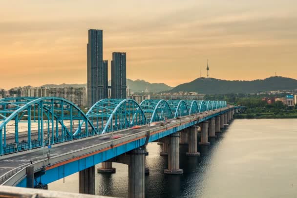 Zonsondergang Van Dongjak Brug Han Rivier Seoul Zuid Korea Tijdsverloop — Stockvideo