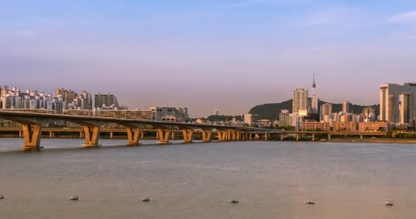 Timelapse Seoul City Seoul Tower Day Night Bridge Han River — Wideo stockowe