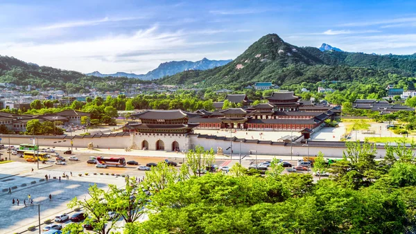 Vista Aérea Plaza Gwanghwamun Montaña Nanshan Fondo Seúl Corea Del Fotos de stock libres de derechos