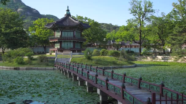 Krásný Pohled Západ Slunce Pavilonu Hyangwonjeong Paláci Gyeongbokgung Soulu Jižní — Stock video