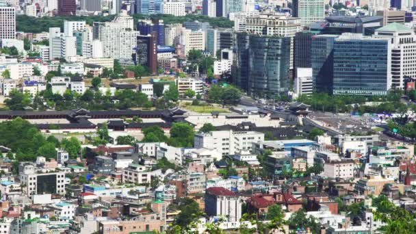 Krajobraz Seulu Pałacem Gyeongbokgung Nowoczesnym Budynkiem Stolicy Korei Południowej — Wideo stockowe