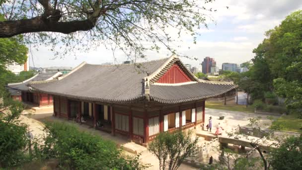 Casal Com Traje Tradicional Coreano Andando Palácio Changdeokgung — Vídeo de Stock