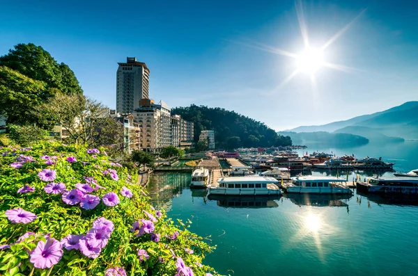 Luftaufnahme Des Sun Moon Lake Morgengrauen Shuishe Pier Taiwan — Stockfoto