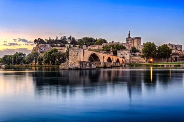 Avignon Bridge Popes Palace Rhone River Sunrise Pont Saint Benezet — Stock Photo, Image