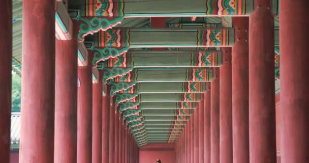 金明神社の伝統服を着た2人の女の子と赤いポーチの絶景 ソウル — ストック動画