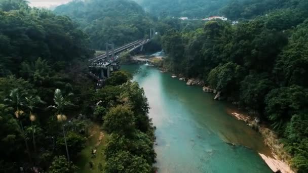 Вид Воздуха Зеленый Ландшафт Мостом Через Реку — стоковое видео