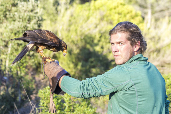 Man holding a falcon on his arm