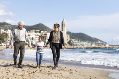 Grandparents taking a walk with their grandson on the beach clipart