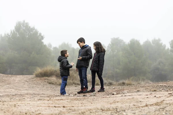 Três crianças no meio de um campo nebuloso — Fotografia de Stock