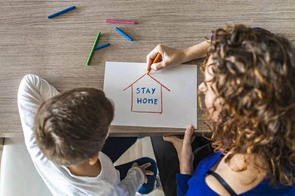 Dibujo Madre Hijo Stay Home Logo Concepto Coronavirus — Foto de Stock