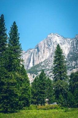 Buzul Noktası manzaralı yeşil göl ve orman, Yosemite Ulusal Parkı. Sierra Nevada 'daki Ulusal Park, California Dağları