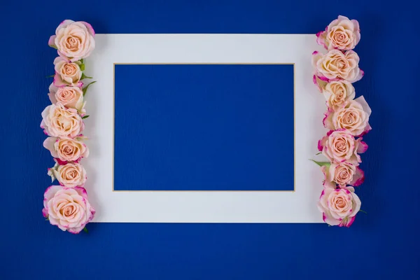 Pink roses flower border and white frame for valentine background and wedding card with empty space, classic blue background, color of the year