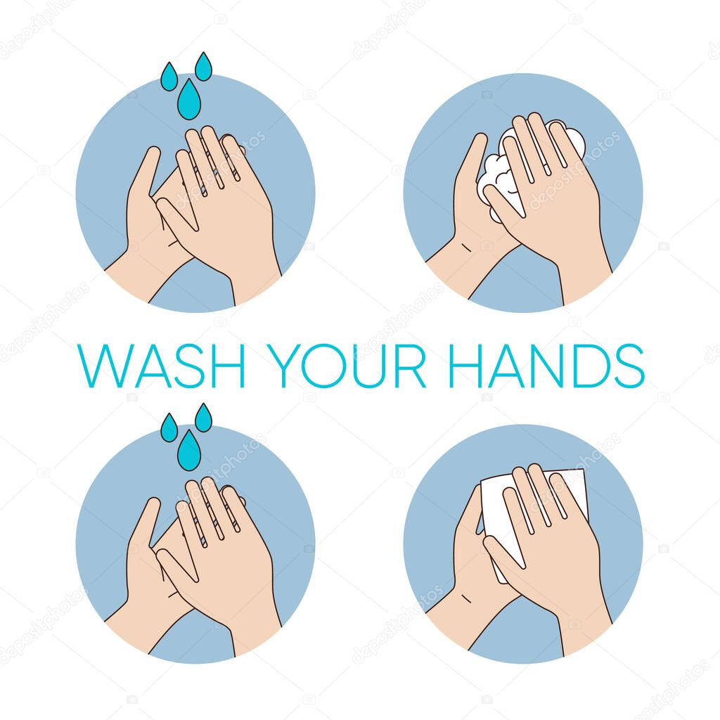 Illustration of how to wash your hands with soap and water. Color vector infographic how to avoid the virus, infection, disease and pandemic.