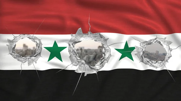 叙利亚和被轰炸的城市为背景的旗帜 — 图库照片