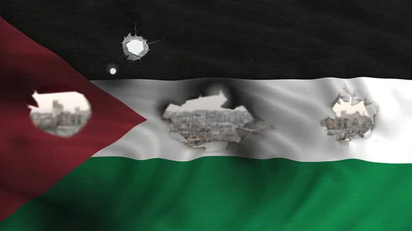 Bandera de Palestina ver gaza ciudad a través de agujeros de bala — Foto de Stock