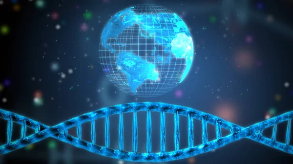 Recherche génétique hélice dna et hologramme numérique de la terre — Photo
