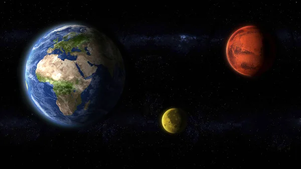 Dünya ay ve Mars kırmızı gezegen — Stok fotoğraf