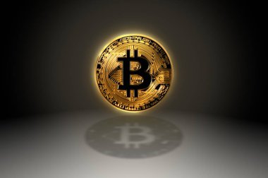 Bitcoin altın Kripto para sembol simge gölge, 3d çizim ile