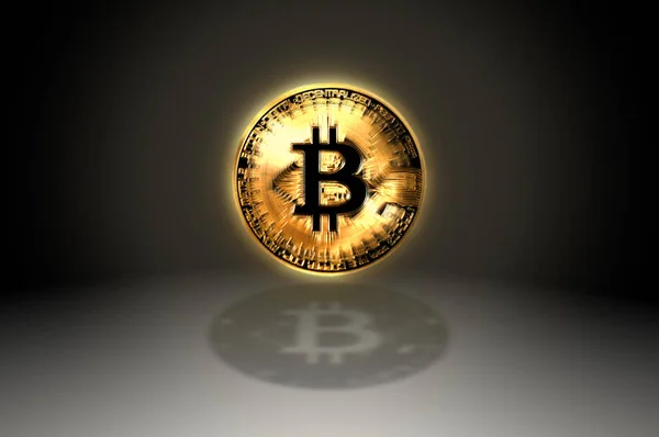 Bitcoin золотая монета, сияющая перед камерой с затенением на абстрактном фоне — стоковое фото