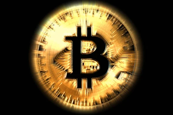 Bitcoin świeci symbol cyfrowy złote monety, ilustracja — Zdjęcie stockowe
