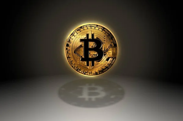 Bitcoin oro cripto símbolo de moneda icono con sombra, Ilustración 3D —  Fotos de Stock