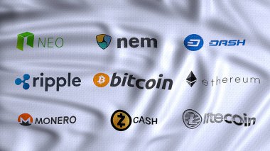 cryptocurrencies, digital and alternative currencies on waving flag