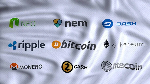 Crypto-monnaies, monnaies numériques et alternatives sur le drapeau ondulant — Photo