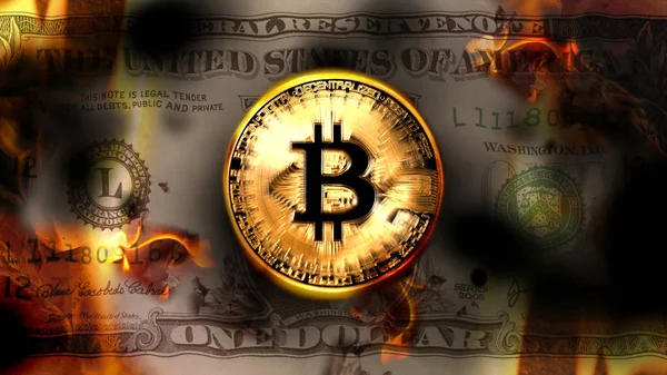 Bitcoin Kripto para birimi ABD Doları banknot yanan, kavramsal Kripto para finans piyasası, 3d çizim