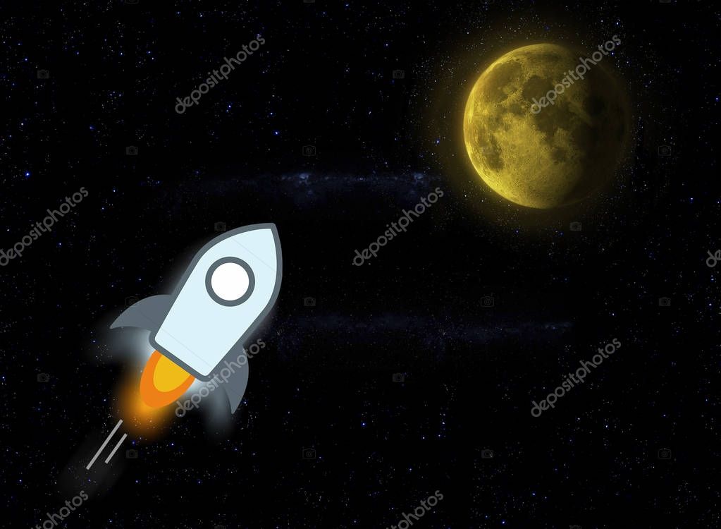 Stellar lumens icon and moon, conceptual trading of an explosive increase value of the digital coin