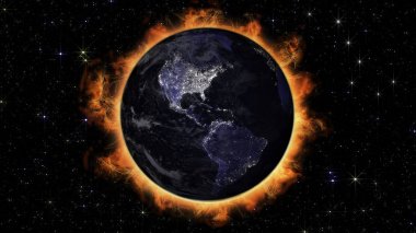 Güneş tutulması illüstrasyon, Nasa tarafından döşenmiş bu görüntü unsurları ile Amerika görünümü planet Earth gece şehir ışıkları alanları ile uyumlu