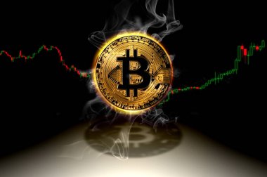bitcoin logo yasaktır para birimi ile mali grafik grafik ve duman, kavramsal çizimi