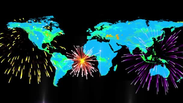 Πολύχρωμο Παγκόσμιο Χάρτη Πυροτεχνήματα Παγκόσμια Γιορτή — Αρχείο Βίντεο