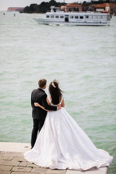 Wedding couple walking among the greenery. View from the back.