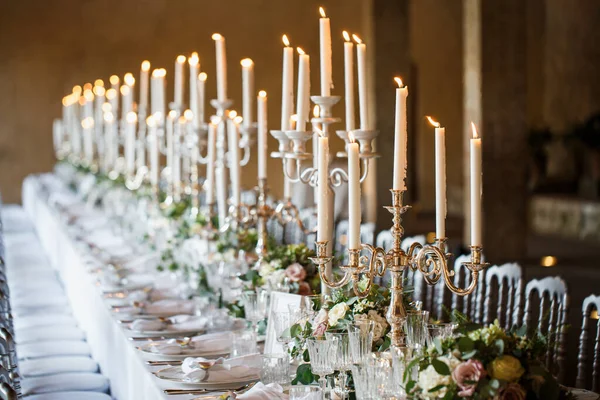Candles Standing Table Celebrations Inflamed You Can See Layout Cutlery — Stock Photo, Image
