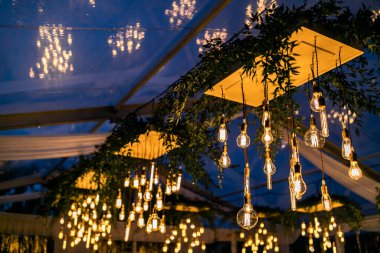 Büyük ağaçta bir sürü lamba ve mum olan bir gece düğünü. Düğün kutlaması için etrafı lambalarla süsledim. Parlıyorlar. Yeşillik ve karanlık gökyüzü.