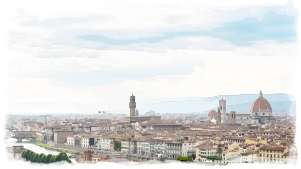 Floransa hava görünümünü suluboya resim stili. Floransa Duomo Katedrali ile. Basilica di Santa Maria del Fiore veya Saint Mary Bazilikası'na günbatımı çiçek.