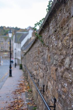 Geçit sokak lambası, ağaç dalı ile sarı ile taş duvar ve yeşil sonbaharda yaprakları.