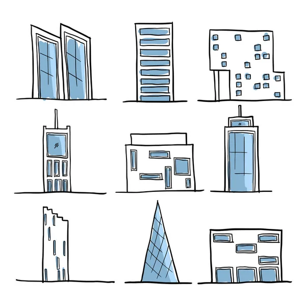 Sada Moderních Kreslených Ručně Kreslených Budov Pro Ikonu Logo — Stockový vektor