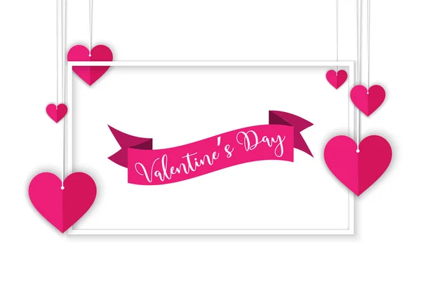 Valentine's Day design with hanging pink hearts paper cut style — Stock Vector