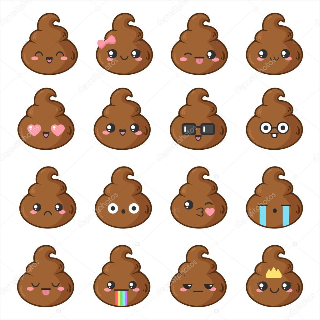 Funny and kawaii smiles (stickers, emoji) with cute poop. Vector illustrations.