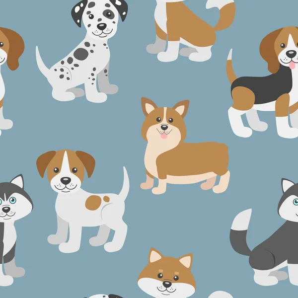 Padrão sem costura vetorial com filhotes de cachorro bonito cão desenhos animados . — Vetor de Stock