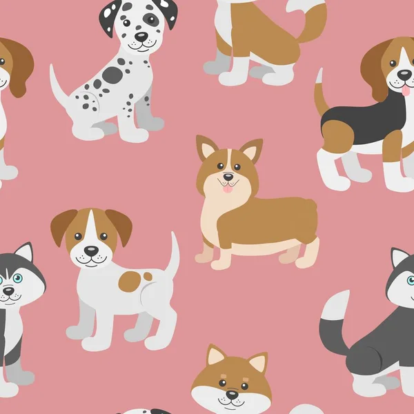 Modello senza cuciture vettoriale con simpatici cuccioli di cane dei cartoni animati . — Vettoriale Stock