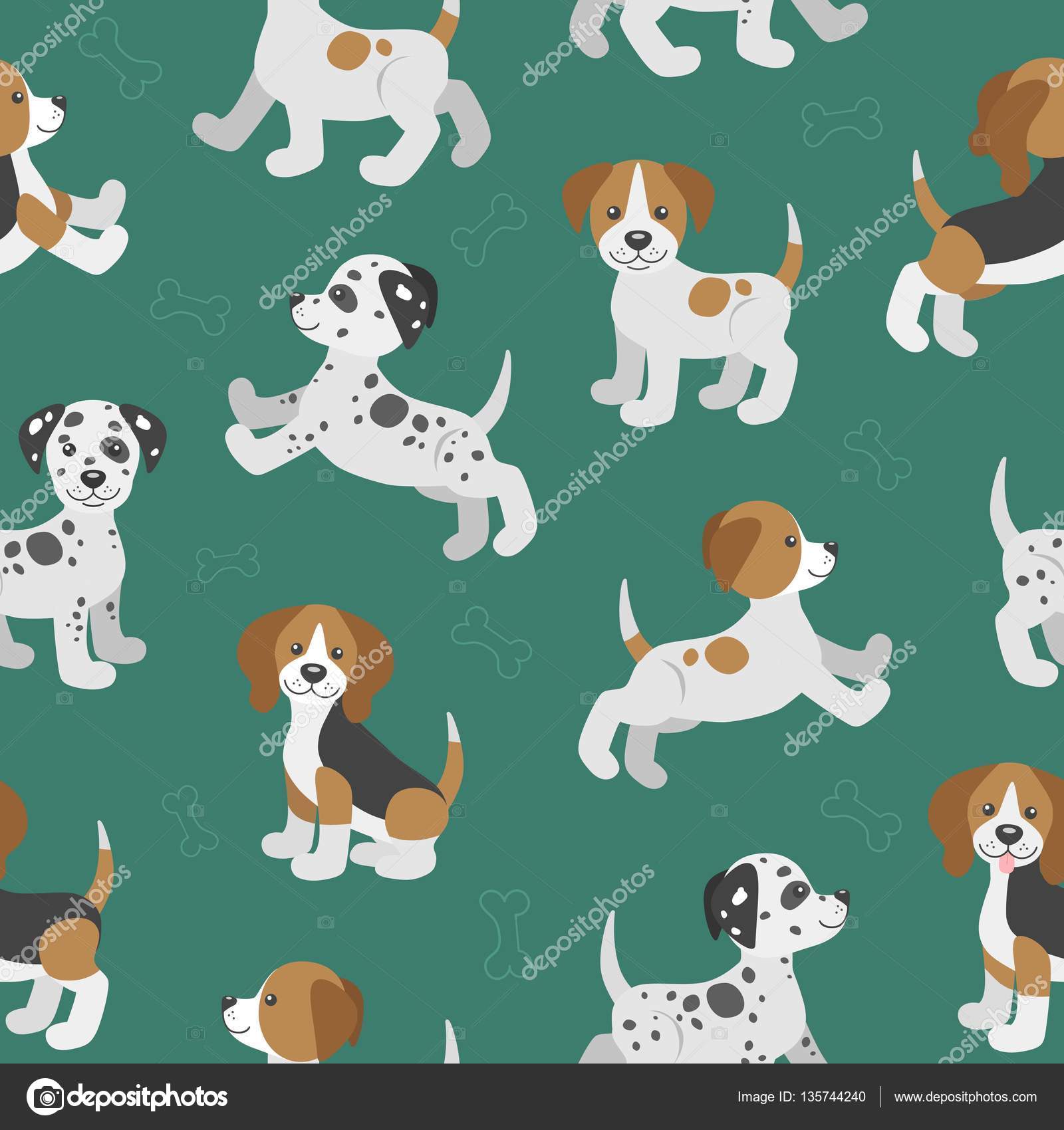 Patrón sin costura vectorial con lindos cachorros de perro de dibujos  animados . Vector de stock #135744240 de ©imaginasty., image size:1600x1700